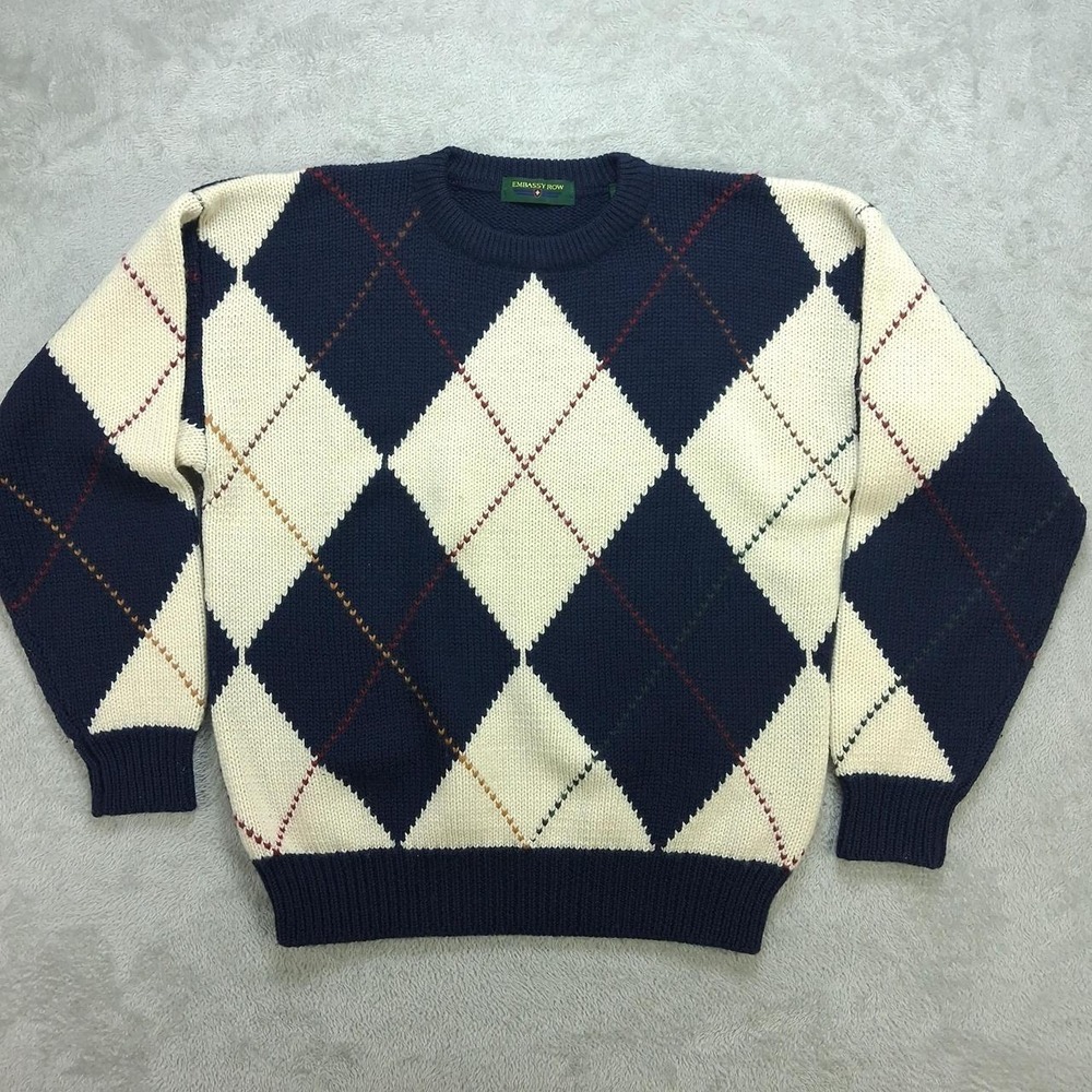 Embassy Row Mens Large 100% Wool Argyle Sweater Navy Cream Preppy Vintage